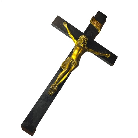 Antique Black Oak wood Victorian Heavy Brass Crucifix Religious Jesus Wall hang - Picture 1 of 16